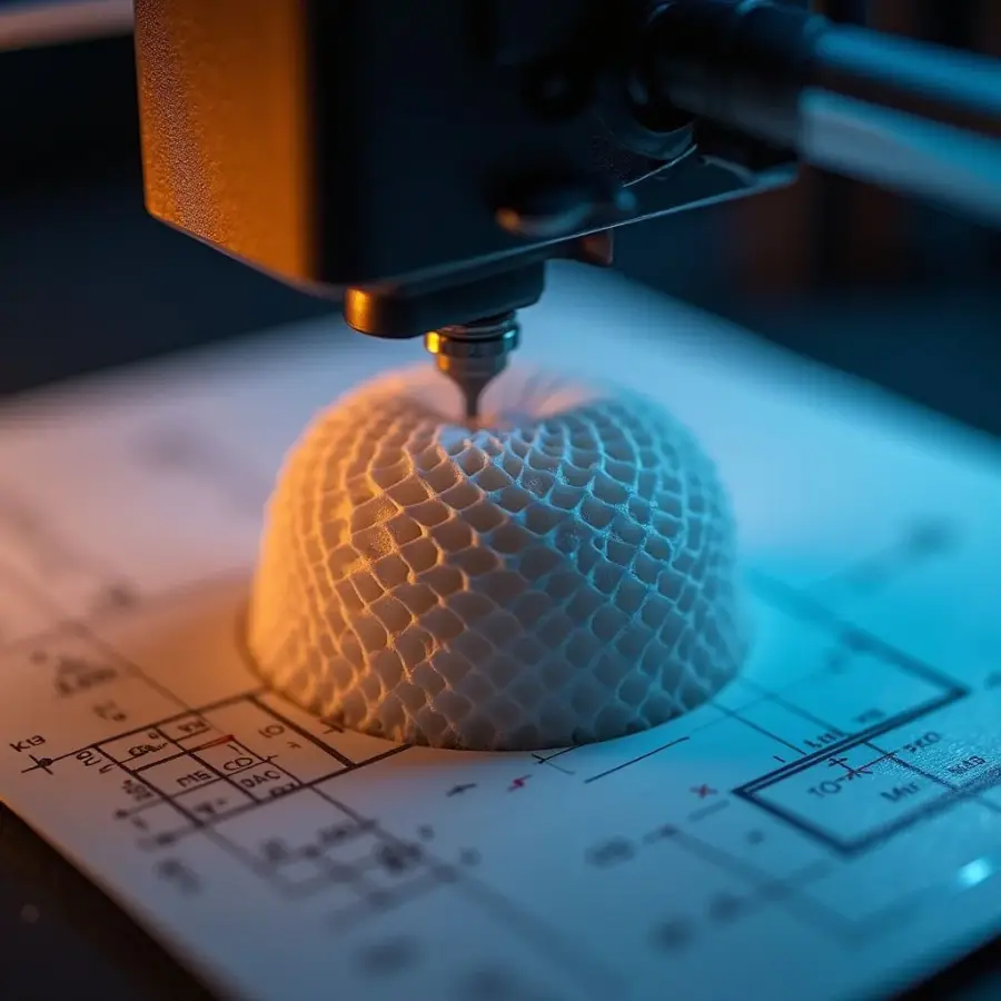 A 3D printer building a lattice-structured dome over an engineering blueprint at 3DOME Malta