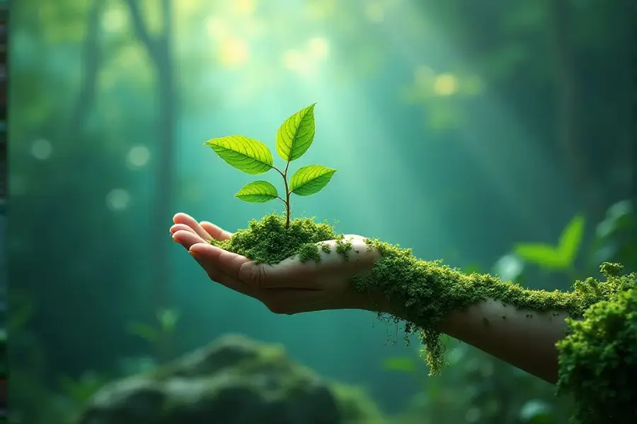 A seedling held in cupped hands, representing sustainable manufacturing